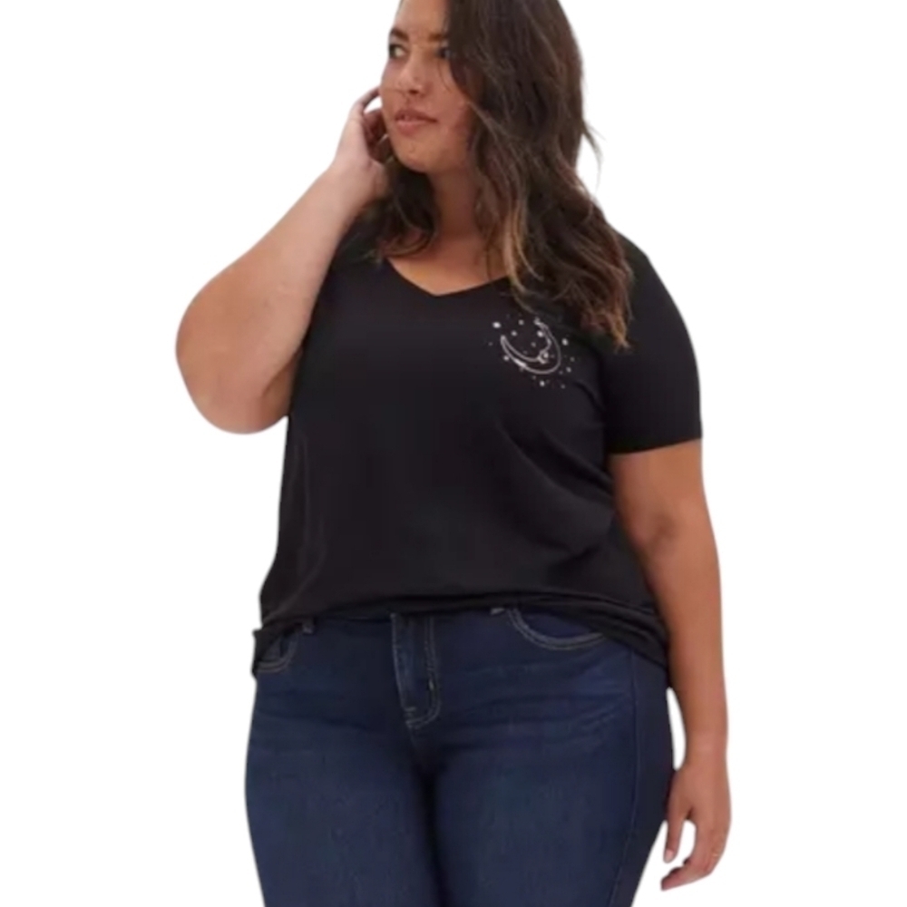 Torrid Slim Fit Moon & Star V-Neck Black Tee - Sz 1/1X/14-16